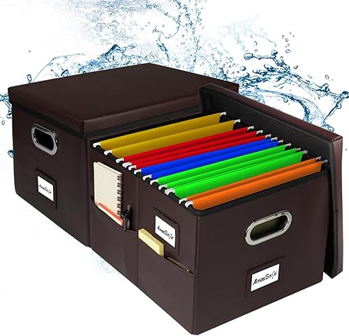 AmasSmile Organizador de archivos de cuero con tapas para oficina, organizador de documentos plegable con asa para almacenamiento de cartascarpetas