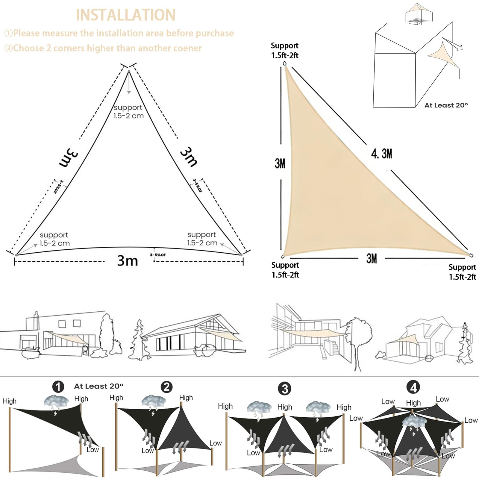 Tenda a Vela Triangolare, Vela Ombreggiante Triangolare Impermeabile con Kit di Fissaggio Corda, Tenda da Sole Telo Parasole Ombreggiante per Giardino Patio Piscina-Creamy-white||3x4x5M