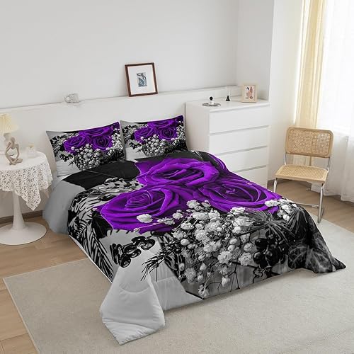 Miniatura 8 de Erosebridal Juego de ropa de cama de 3 piezas con diseño de rosas azules, juego de edredón romántico para el día de San Valentín, edredón floral de