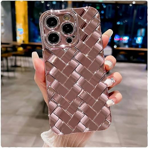 MGQILING Compatible with iPhone 13 Pro Max Case-6.7 Inch, Fashion 3D Woven Pattern Plating Phone Case, Grid Printed case for Women Girls Soft Silicone Shockproof Camera Protective Back Cover-Gold