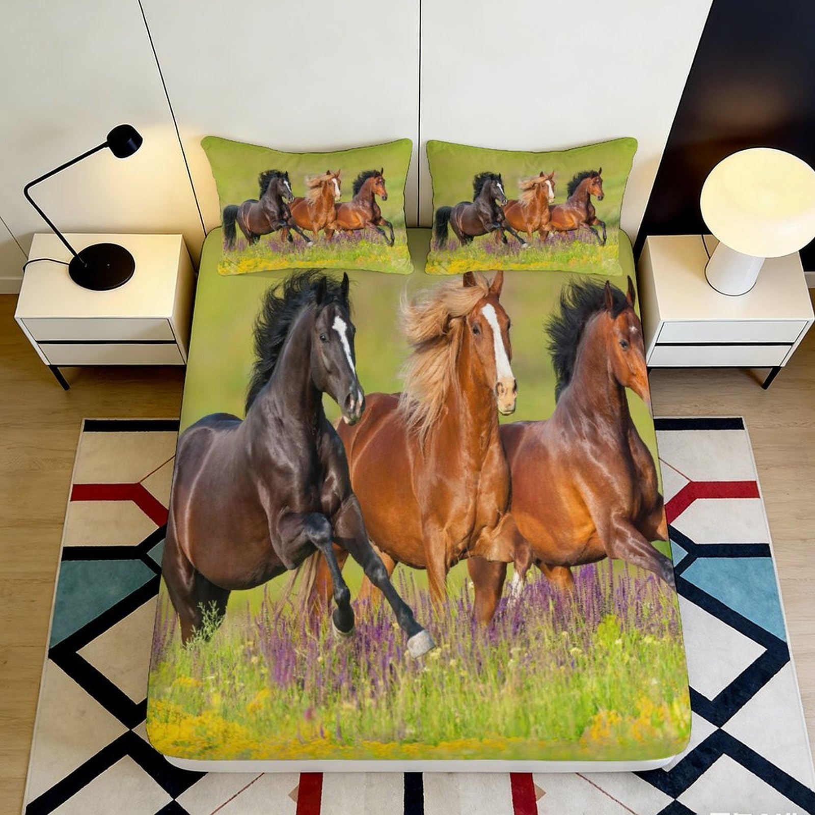 3D Printed Wild Horse Fitted Sheet Microfiber Soft Breathable Meadow Bed Cover for Bedroom Guest Room Decor Protection 90x200x25cm