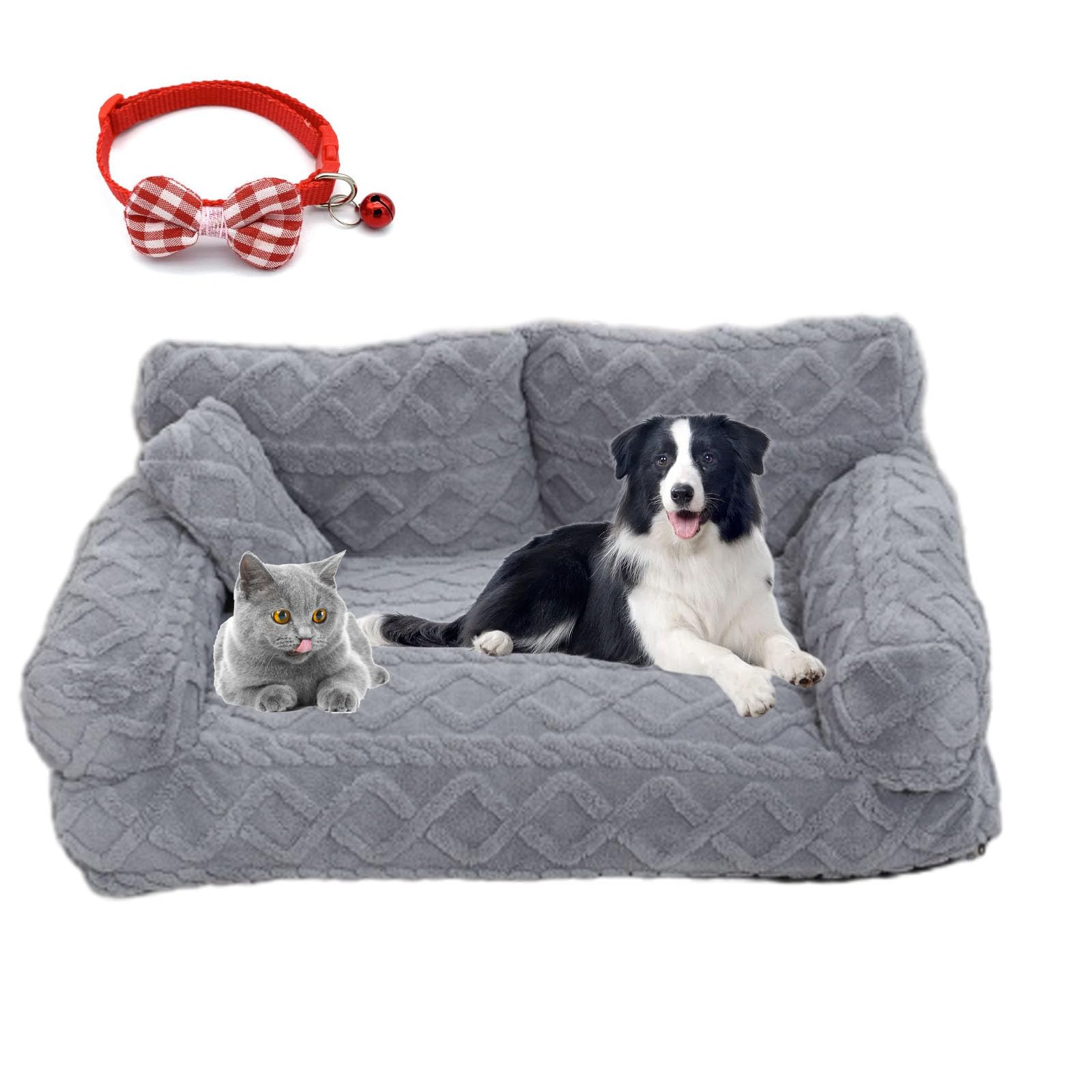Plush Calming Dog Sofa Bed with Removable Washable Cover, Anti-Slip Bottom, for Small to Large Dogs and Cats (Gray, L:65 * 45 * 30cm)