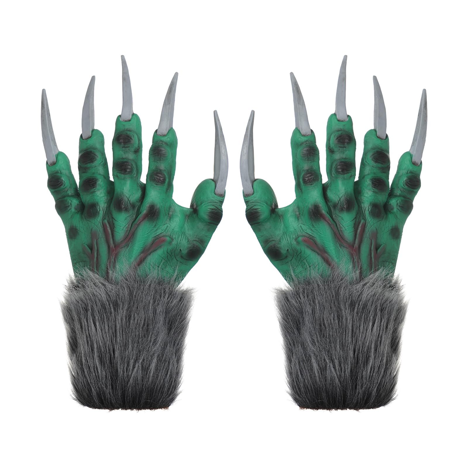 Horrific Halloween Demon Gloves Scary Hairy Claw Hand Gloves with Long Nails Werewolf Zombie Devil Monster Witch Cosplay Costume Accessory for Theme Party Haunted House (Green Hairy, One Size)