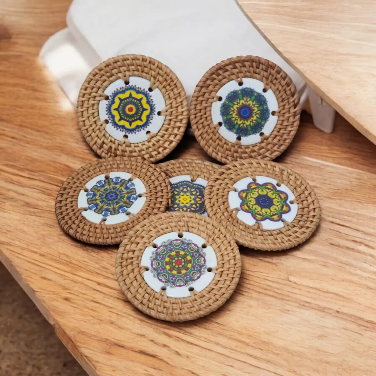 Rattan Coaster Set with Holder (Set of 6, Dia 10 cm) | Handwoven Natural Rattan | Tea & Coffee Drink Coasters | Tabletop Protection & Gifting