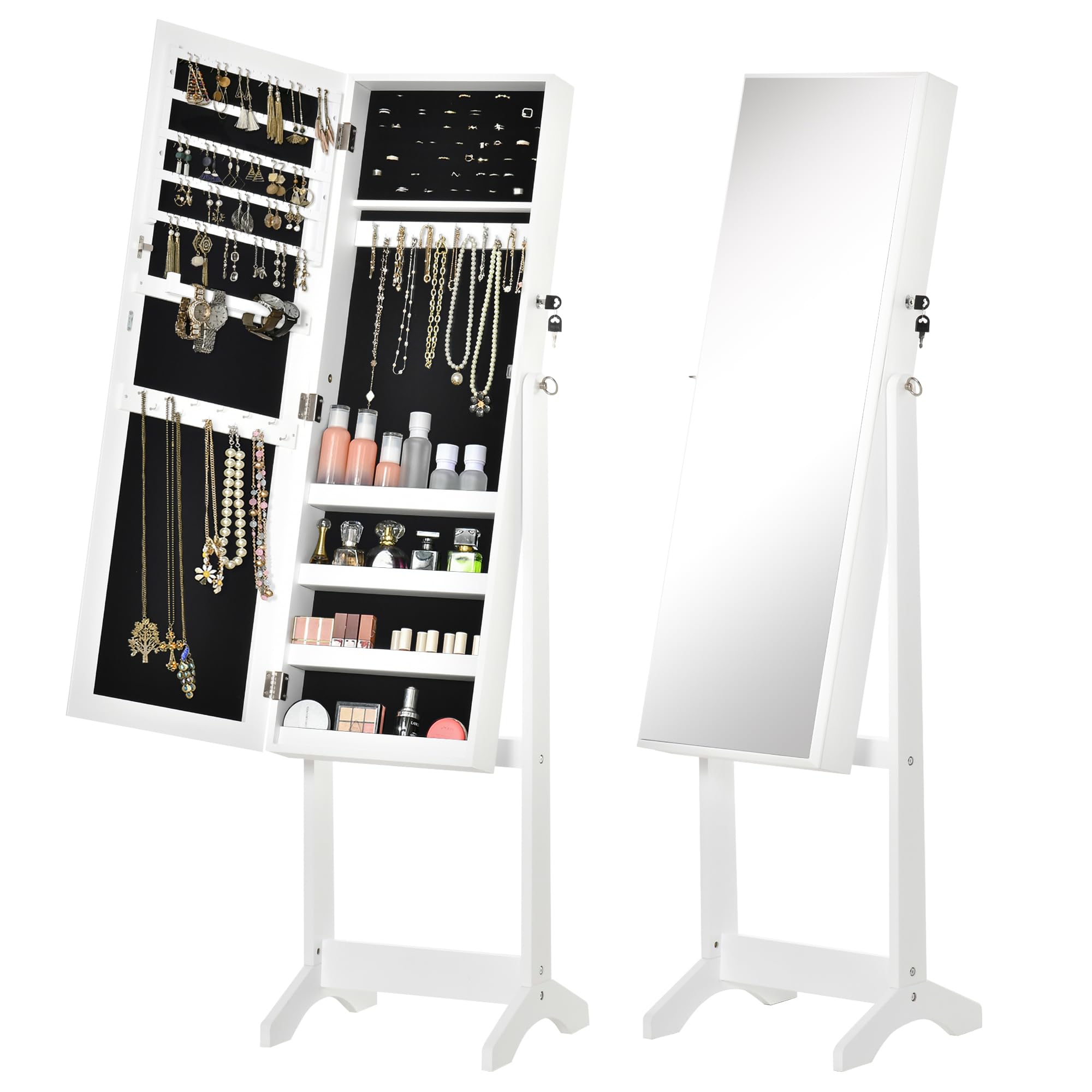 HOMCOM HOMCOM Espejo Joyero de Pie Armario de Joyería con 3 Ángulos Ajustables Cerradura Magnética Organizador de Joyas con Estantes Ranuras para Pendientes Anillos Collares 46x36,5x151,5 cm Blanco