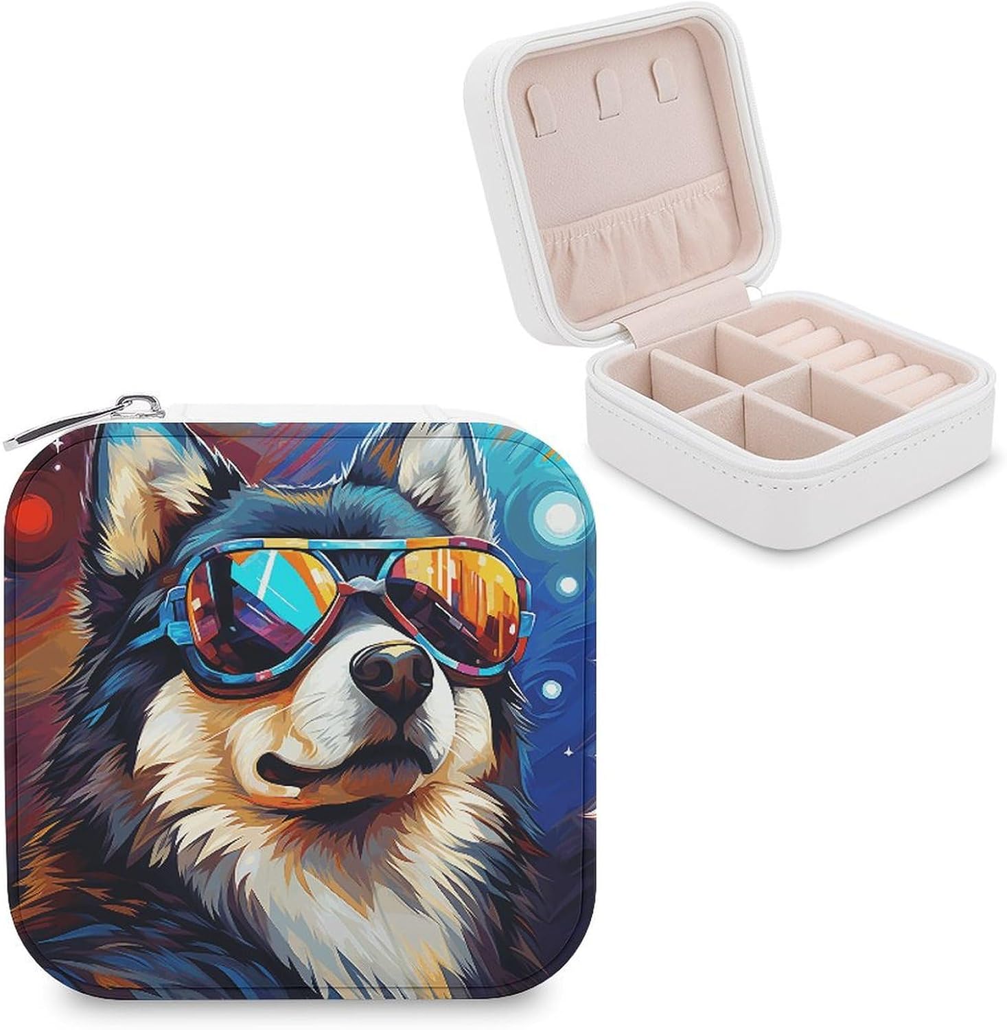 Dog Wearing Glasses Jewelry Box Travel Jewelry Organizer Multi-functional Mini Travel Case Holder for Women Stud Earrings Rings Necklaces Pendant Bracelets Storage