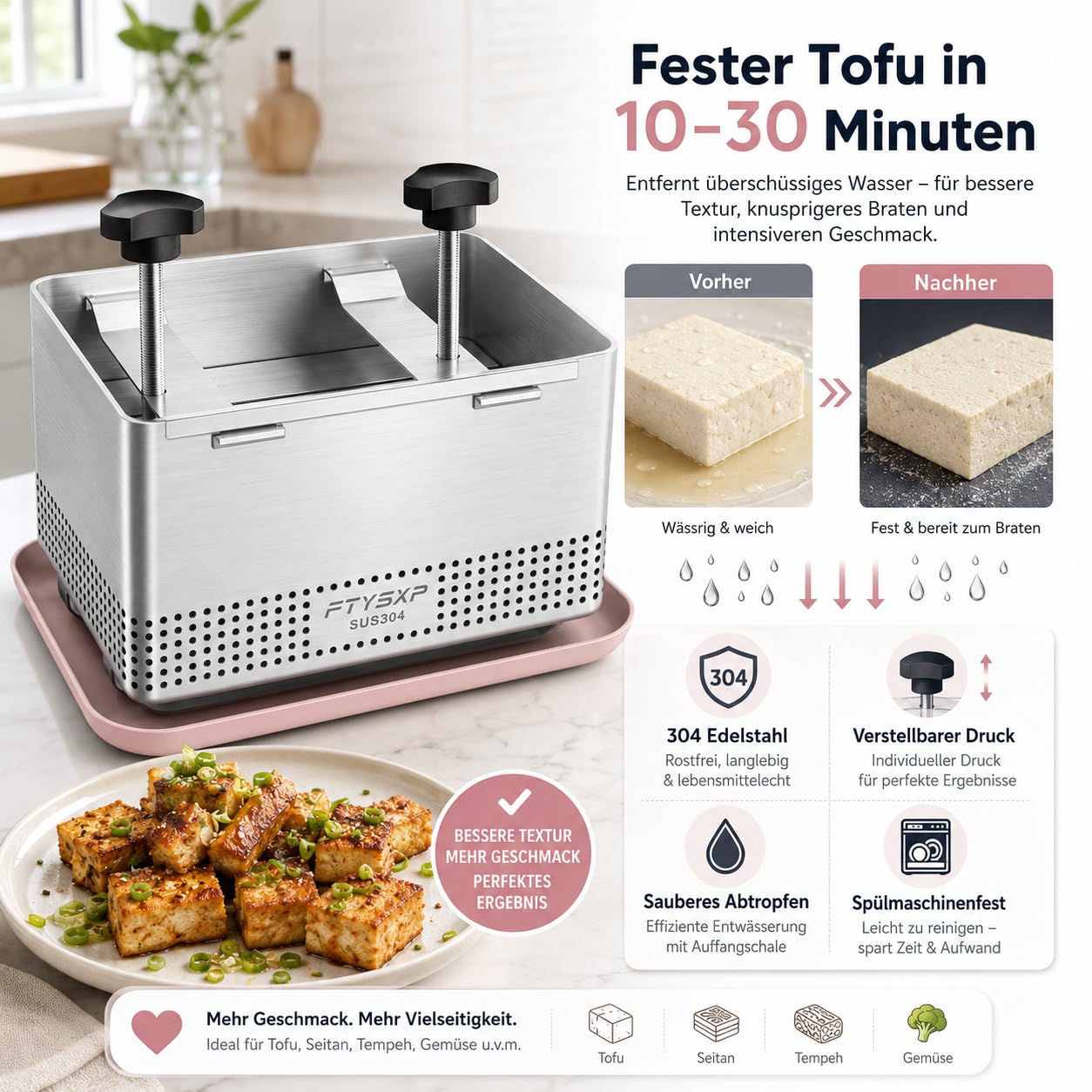 Tofu Presse à Tofu en Acier Inoxydable 304 pour accélérer l'élimination de l'eau de la Soie en 10-30 Minutes pour Tofu Solide ou Extra Ferme sans Fissure sans BPA (25x16x13 cm)