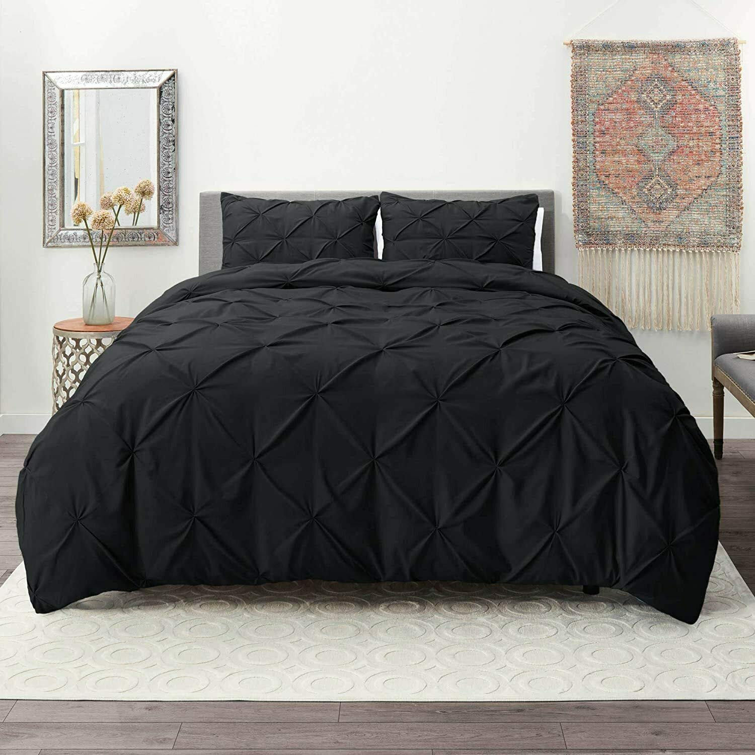 LJ Pinch Pleat Pintuck Diamonds Style Duvet Cover Sets Quilt Cover Sets Cotton Rich Alford Bedding Sets With Pillowcases (Black, Double)