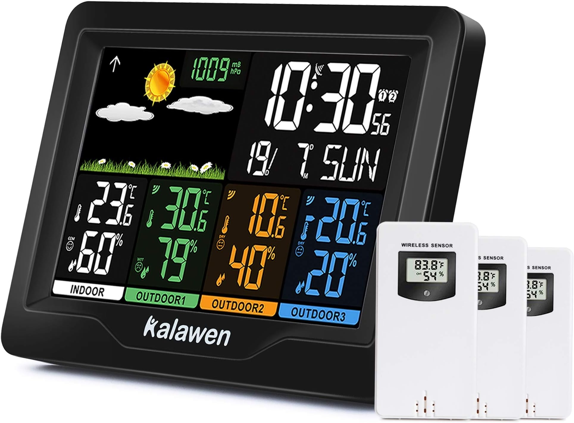 Weather Station with 3 Outdoor Sensors, MSF Wireless Digital Alarm Clock, Barometer, Temperature, Humidity Monitor, Weather Forecast for Home Garden
