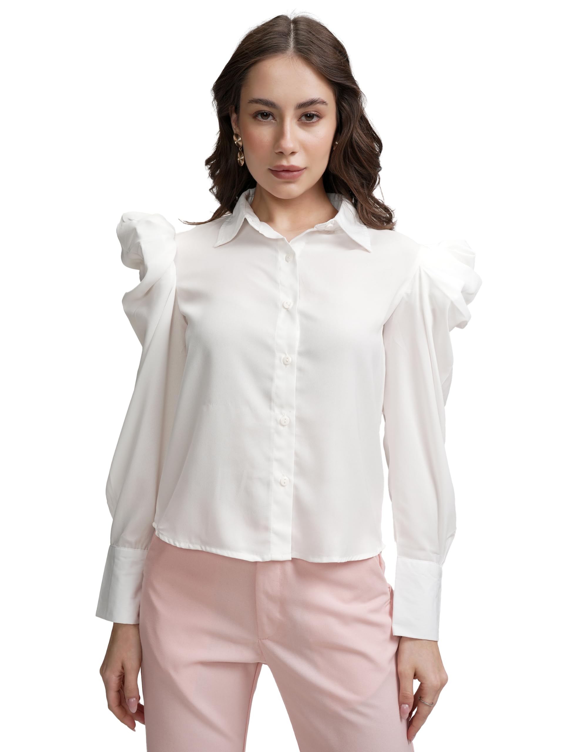Tokyo Talkies Women's Solid Shirt-Style Top | Button-Down with Balloon Sleeves & Cuffs for A Bold Yet Elegant Look | Tops for Woman | Women Tops | Stylish Top in neutral