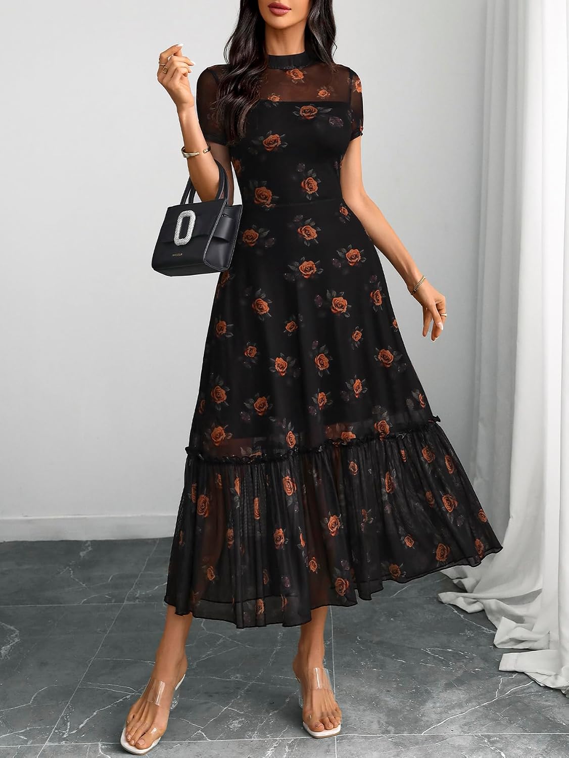 GothDark Women's Summer Floral Mesh Ruffle Dress Short Sleeve Round Neck Waist Cinched Casual Maxi Wedding Guest Dresses