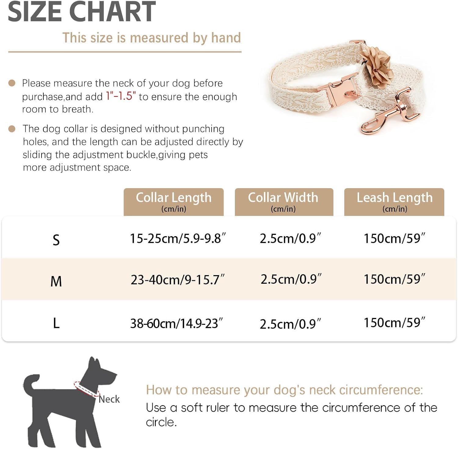 collare per animali domestici, Set collare e guinzaglio for cani, for in pizzo di cotone for bambine con fiore, comodi collari regolabili for fibbia in metallo(M)