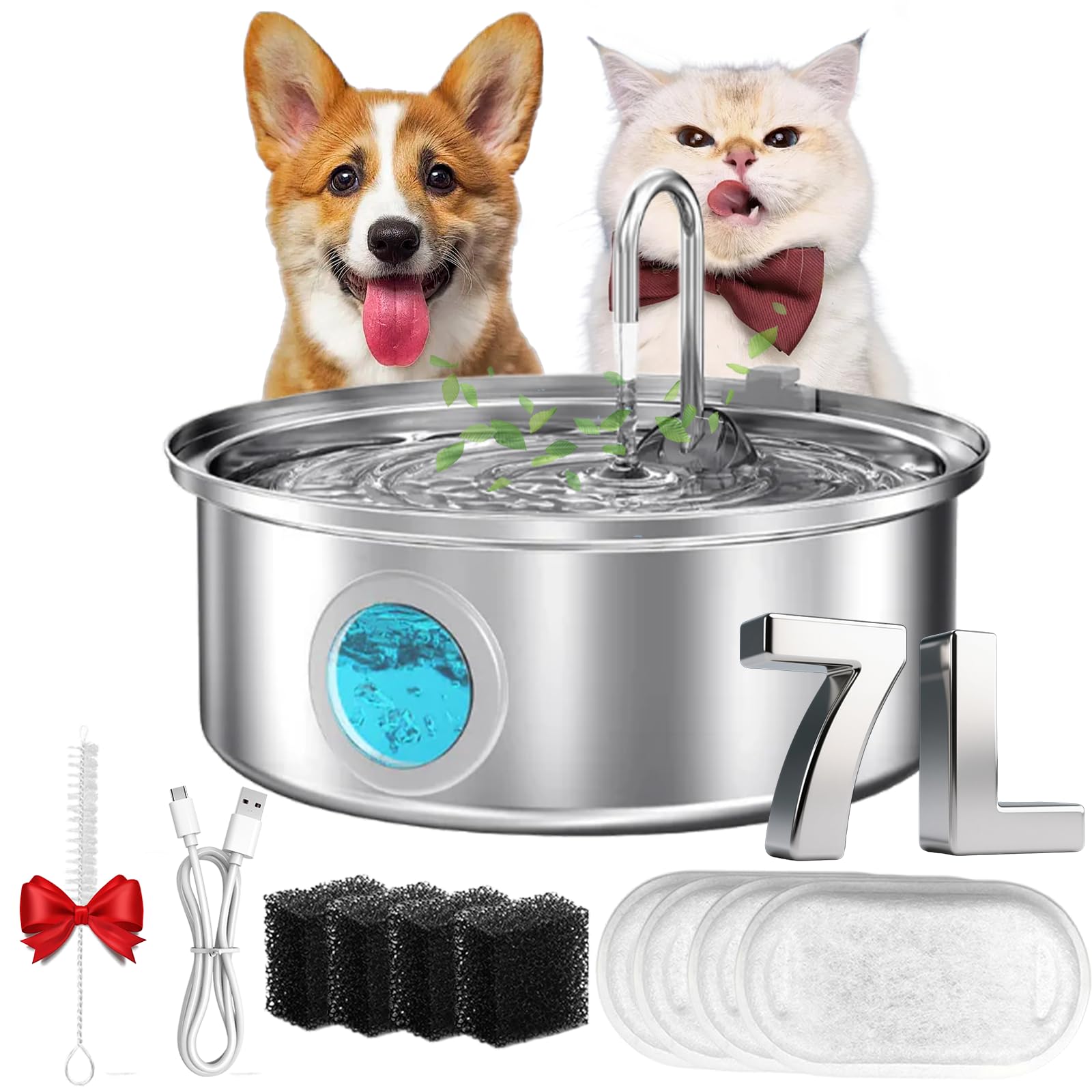 Fuente de agua para gatos, nueva fuente de agua de acero inoxidable 2026, fuente ultra silenciosa para gatos con 2 filtros, 3.2/7 L (108/244 onzas), fuentes de agua esenciales para gatos, perros (8