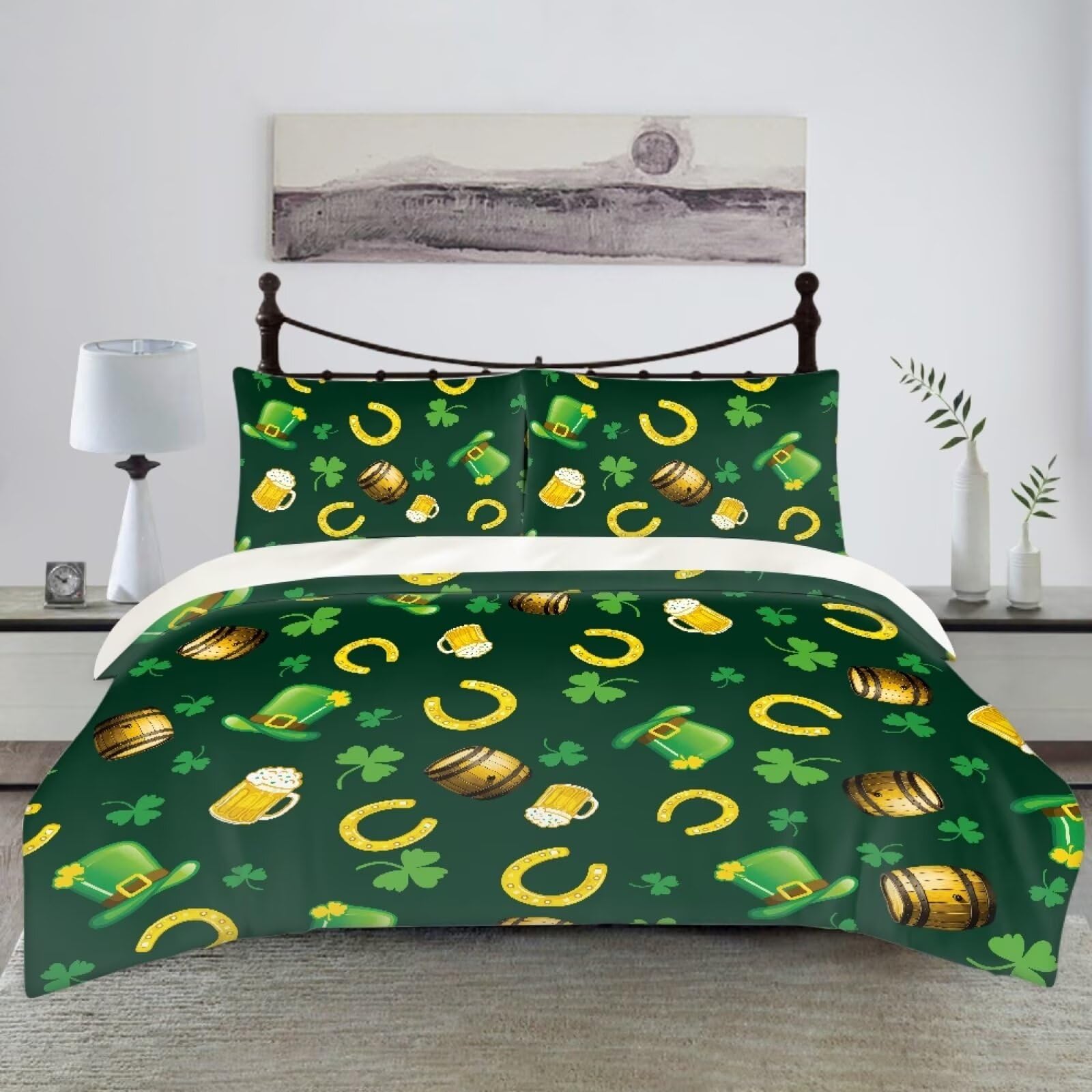 BIGCARJOB St Patrick Day Duvet Cover Sets for Men Him Funny Green Leaves Comforter Cover Set with Pillow Covers St Patrick Day Bedding Set Soft Microfiber Quilt Cover Twin Size