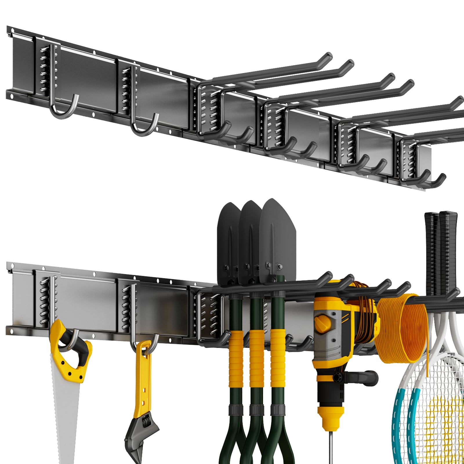 Garage Tool Organizer Wall Mount, 32 Inch Heavy Duty Garden Tool Organizer Storage System, Easy Install with 6 Adjustable Straight Hooks, for Garage, Basement, Shed, Workshop, Black, Steel