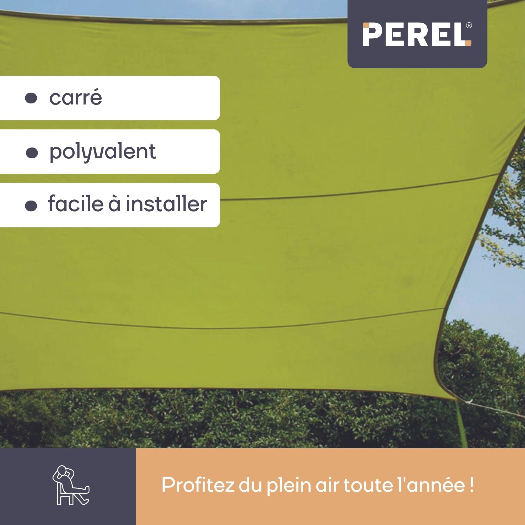 Perel Voile d’ombrage 5 x 5 m, Carree pour Jardin et terrasse, Polyester deperlant 160 g/m2, Protection UV 90%, Toile Respirante avec Anneaux en Acier Inoxydable, Vert Citron