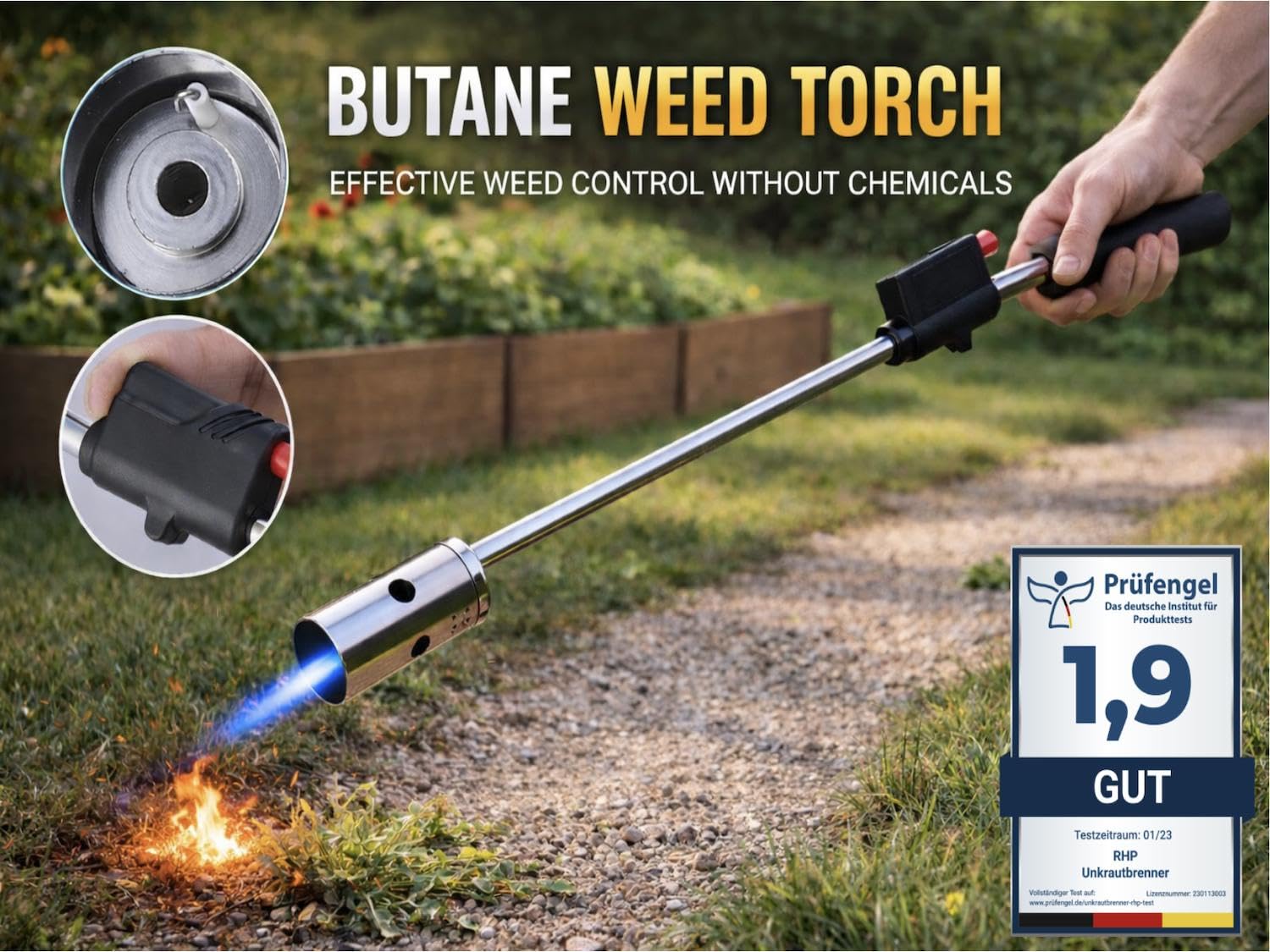 Unkrautbrenner RHP Unkrautvernichter 80cm, inkl 4 Butangaskartuschen je 227g, Gasbrenner mit Piezozündung, Abflammgerät max 1000 °C, Brenner Flamme regulierbar, Grillanzünder