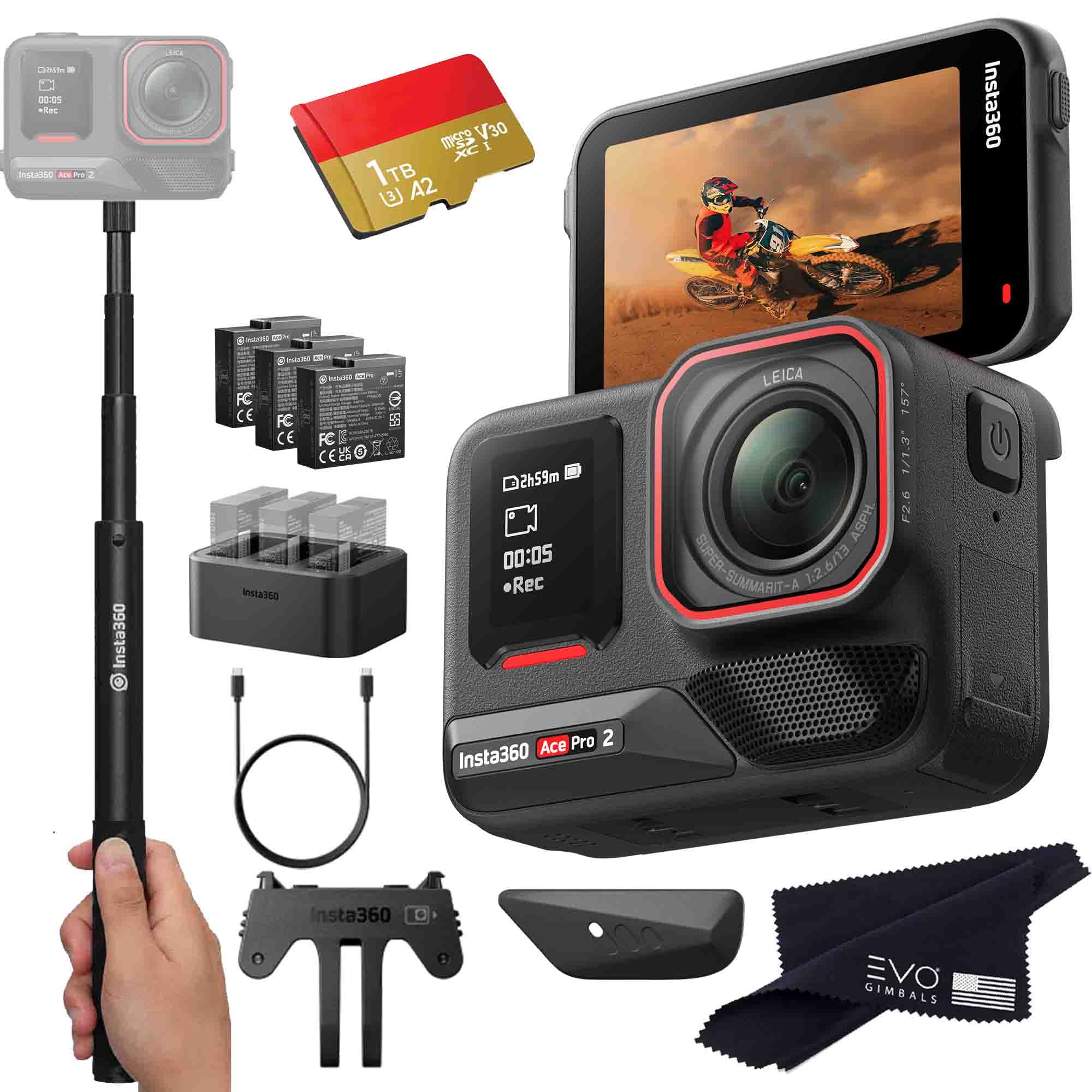 Insta360 Ace Pro 2 Battery Bundle- 8K Waterproof Action Camera Co-Engineered with Leica, Flagship 1/1.3" Sensor, 8K30, 2.5" Flip Screen|Includes Extra