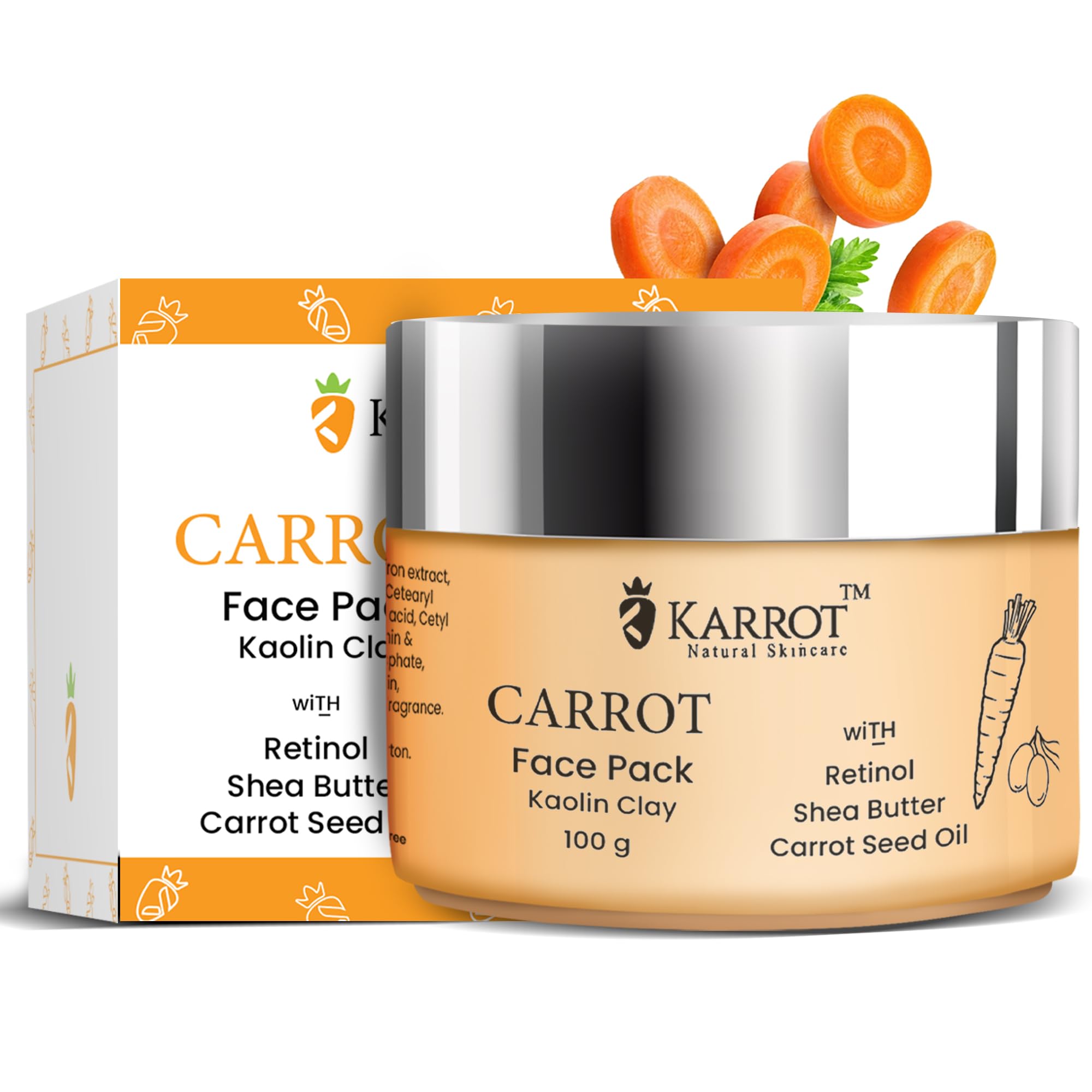 Karrot Natural Skincare Carrot Face Pack for Brightening Skin, Carrot Nourishing Facial Pack, Enhances Complexion and Evens Tone, Contains Retinol, Squalane, Honey and Shea Butter, For Women and Men, All Skin Types, 100 gms