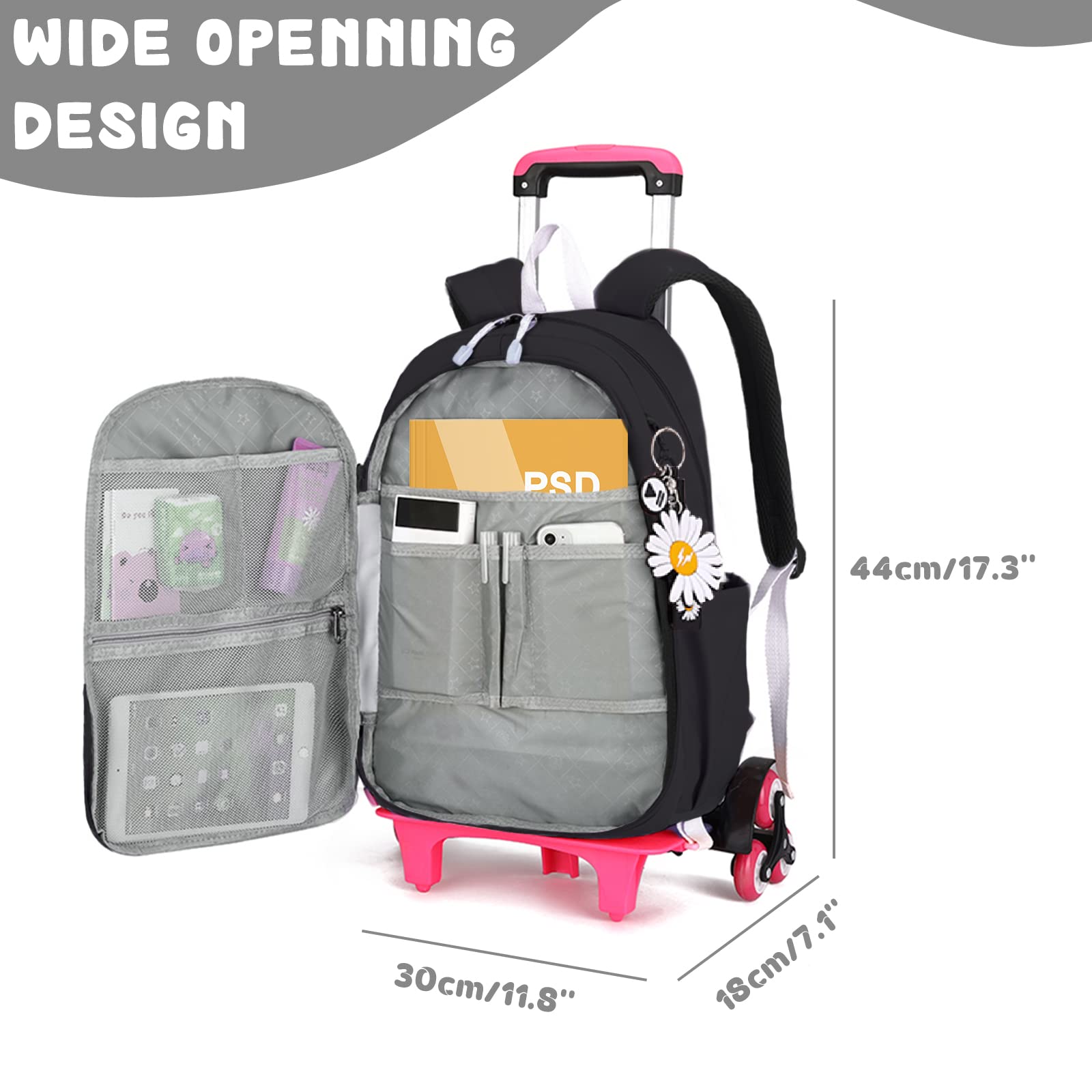Tanou Cartable a Roulette Fille, 16 Pouces Légers Sac a Roulette Fille Primaire, Détachable Cartable roulettes Enfant pour Voyages Scolaires, 7-12 Ans, Noir