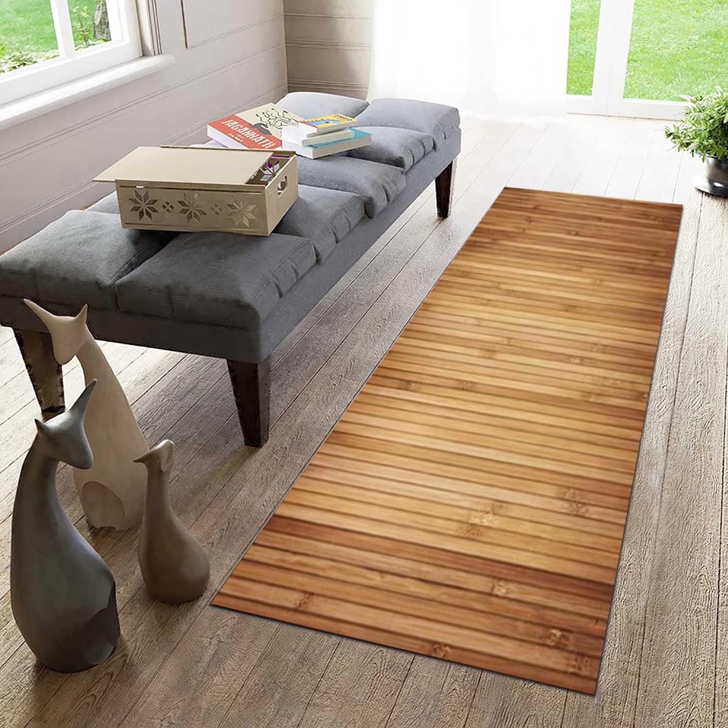 Tapis antidérapant lavable marron 120x320cm grand rouleau aspect bois pour cuisine
