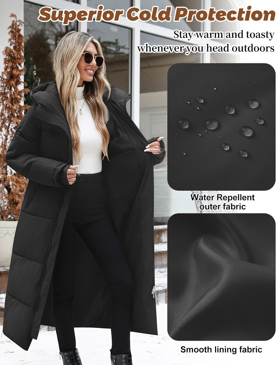 Womens Long Winter Puffer Coat Quilted Jackets Warm Hooded Coat Maxi Length Parka Down Thick Outerwear Side Zip Slit - Image 5