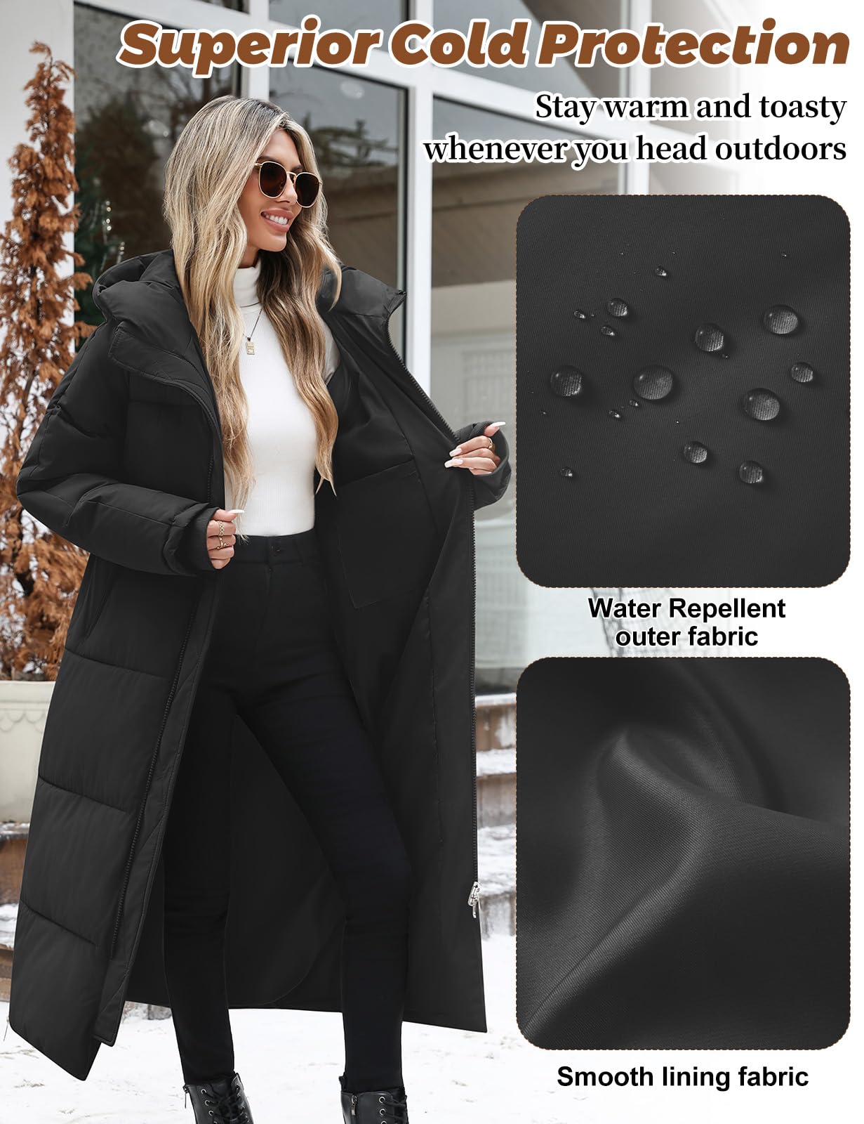 Yuson Girl Manteau Femme Hiver Longue Chaude Blouson Matelassé à Capuche Zippée Épaisse Manteaux Chic et Elegant Imperméable Veste Parka Doudoune Coupe Vent Outercoat avec Poches