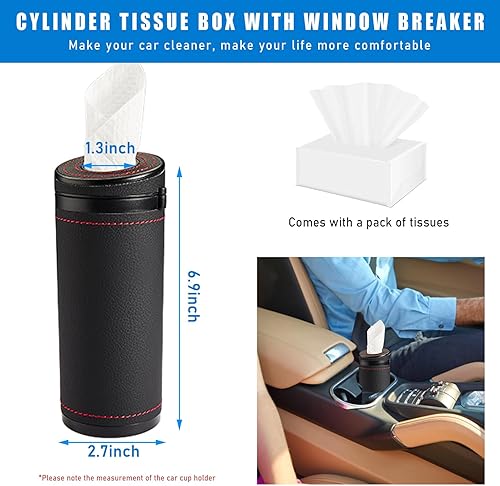 Miniatura 2 de Suvnie Soporte para pañuelos de automóvil, caja de pañuelos cilíndrica automática con rompeventanas, contenedor de pañuelos redondos de cuero para