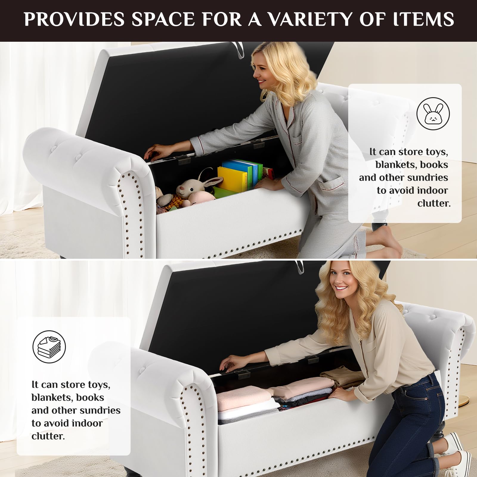 Clevich Cassapanca, Velluto Pouf Contenitore 133cm, con asta a gas Booster, estremità letto con coperchio, Ottomano con gambe in legno, per corridoio, sala da pranzo, camera da letto (Bianco sporco)