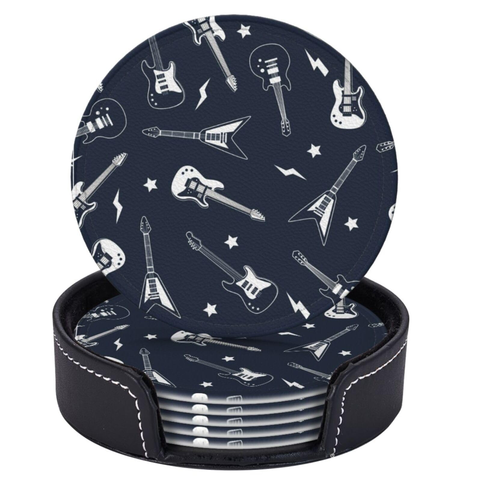 Neukim 6 Pcs Guitar and Stars Leather Coasters for Drinks with Holder Round Mug Mat Table Desk Coasters Set Cup Coasters for Living Room Kitchen