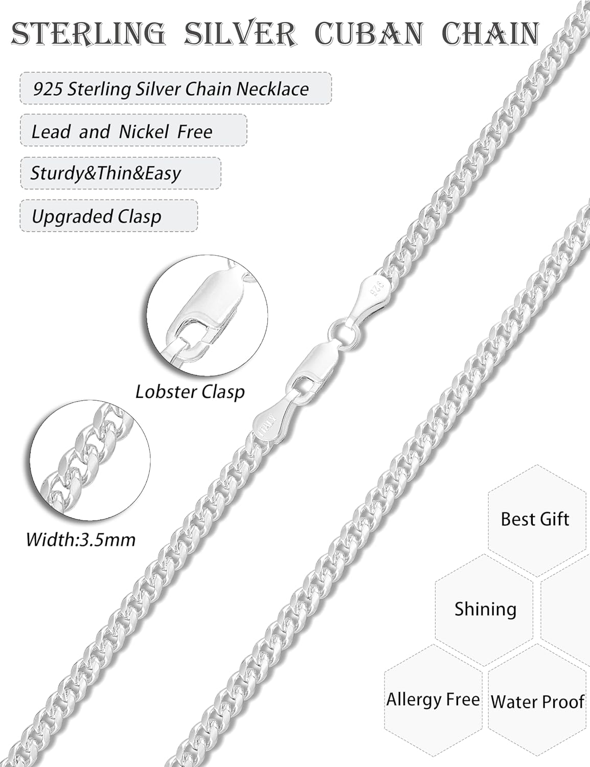 Solid 925 Sterling Silver 3.5/5/7/10mm Cuban Link Curb Chain Necklace for Men Women 925 Sterling Silver Chain 16-30 Inches Made in Italy - Image 4