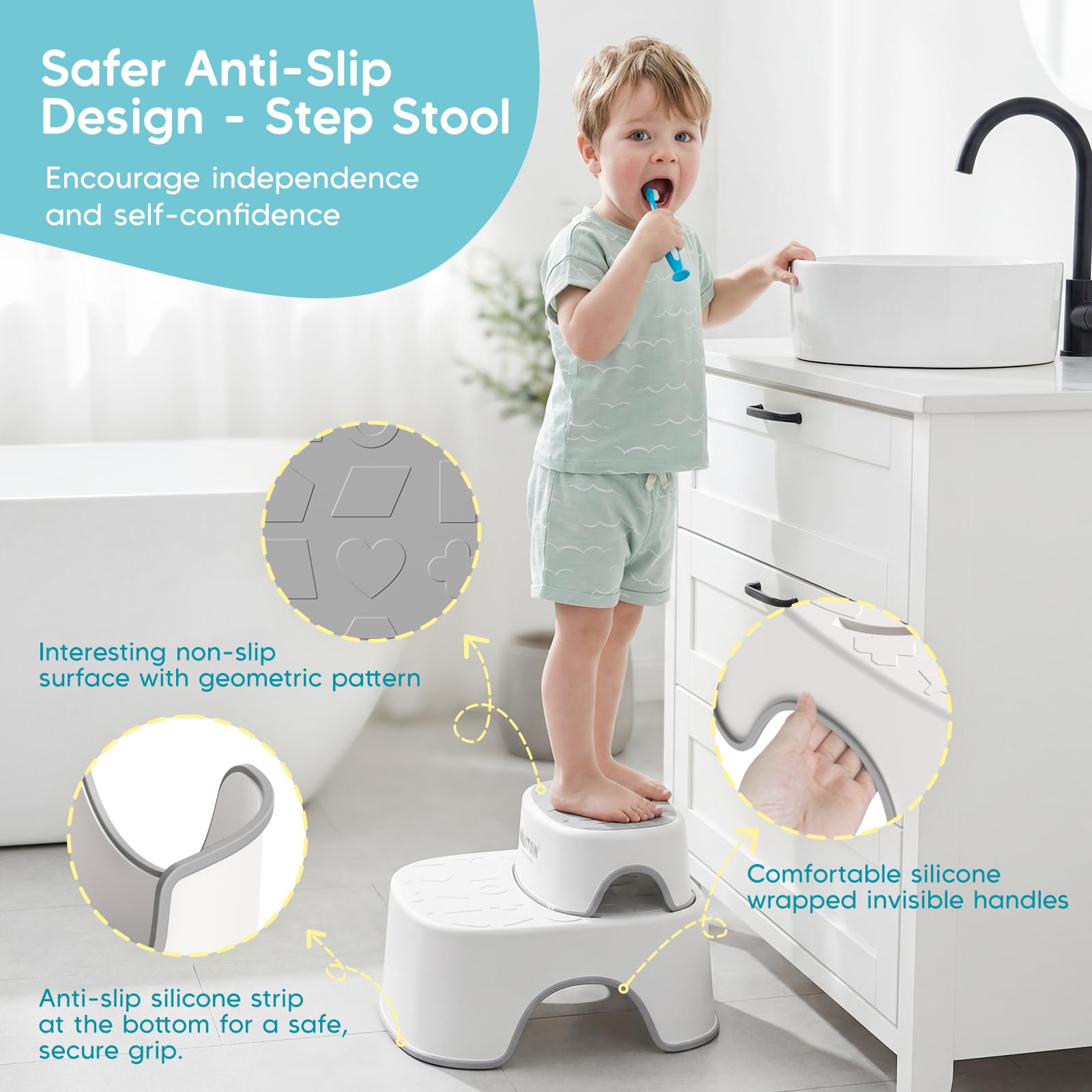 Maliton Riduttore WC Bambini, Design anatomico, Imbottitura morbida rimovibile, Sedile per Vasino con Sgabello (Un Vasino+Due Sgabelli per Bambini), Grigio
