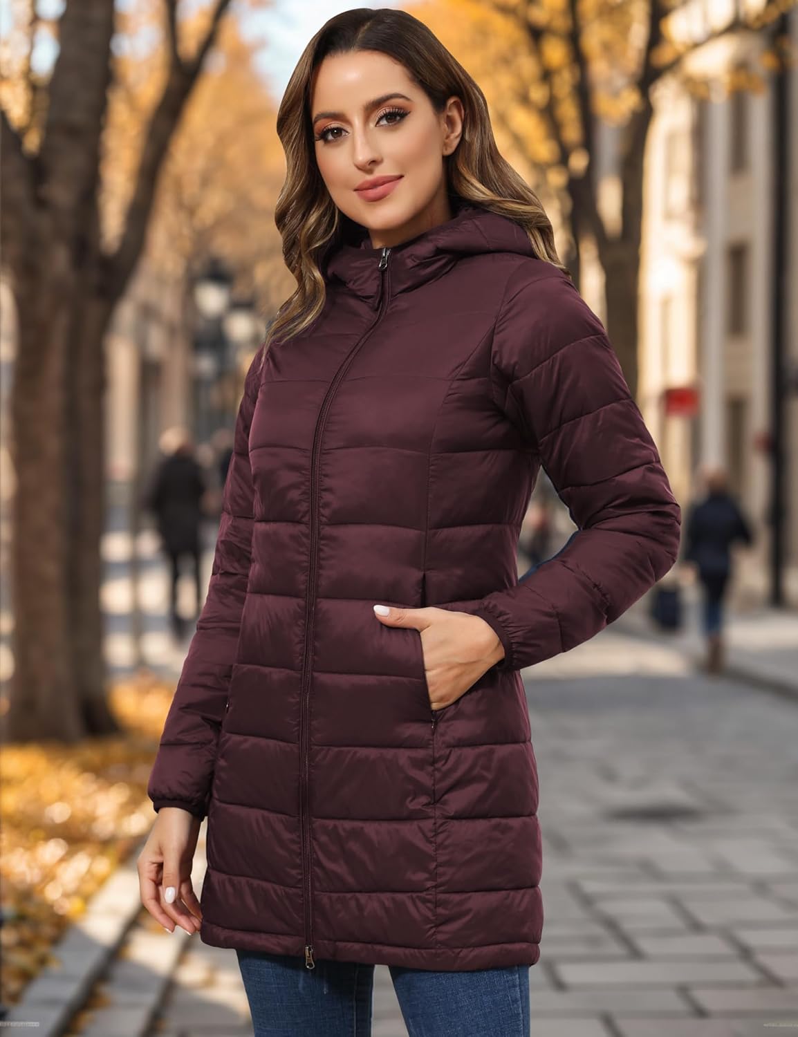 ROYAL MATRIX Women's Plus Size Puffer Jacket Packable Lightweight Hooded Quilted Spring Fall Long Puffer Coat - Image 2