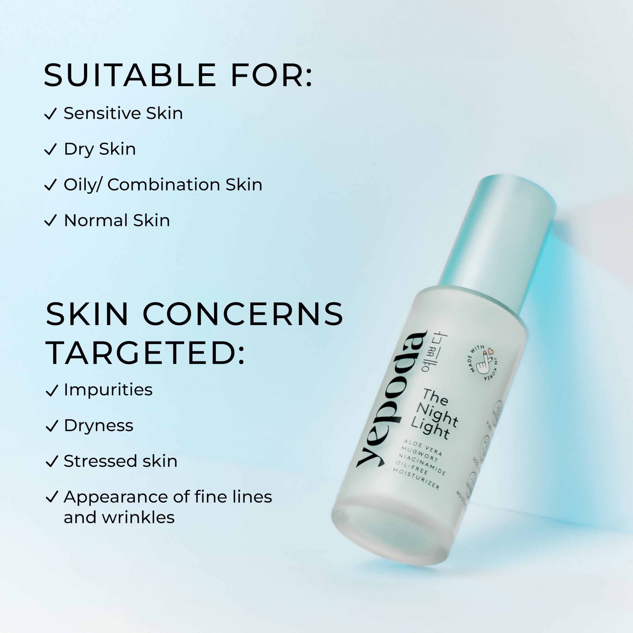 Yepoda The Night Light, Crema Notte Idratante Purificante e Lenitiva Senza Oli con Aloe Vera, Artemisia e Niacinamide, Crema Viso Vegana Coreana Per Tutti i Tipi di Pelle, 50 ml