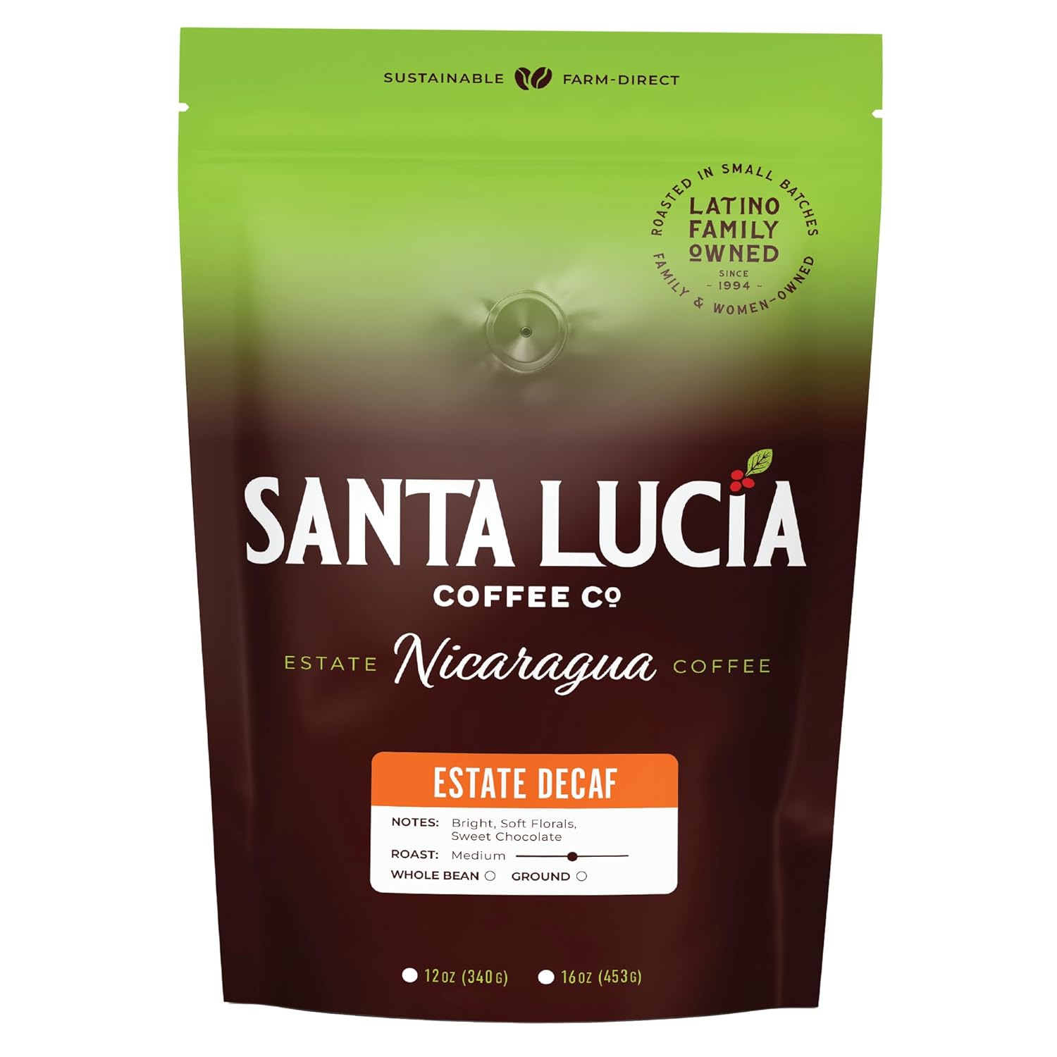 Santa Lucia Coffee – Nicaraguan Estate Decaf Roast – Low Acid, 91 Point, SHG, Small Batch Roasted, Farm Direct, 100% Single-Origin Ground Coffee, 1 Bag (16oz Each)
