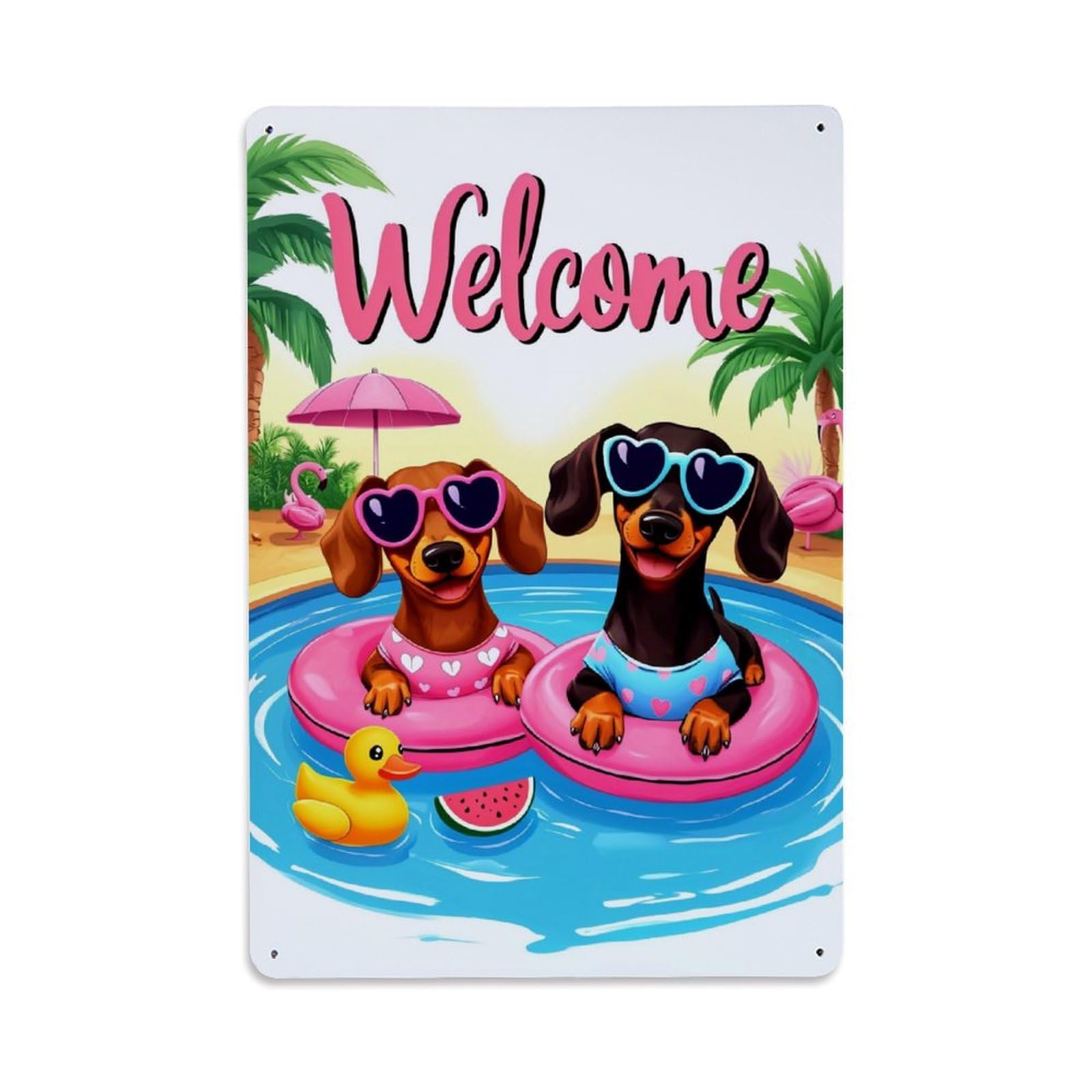 Welcome Dogs Pool Floats Summer Retro Metal Tin Sign, Vintage Decor Art Poster for Bar, Home, Man Cave, Kitchen, Laundry Room Gift 8x12Inch