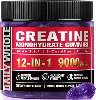 Creatine Monohydrate Gummies 12 IN 1 Complex for Men & Women, 120 Count | 9000mg Blend with L-Carnitine, B12 & BCAA 2:1:1, Sugar Free, Non-GMO, Vegan, Mixed Berry Flavor