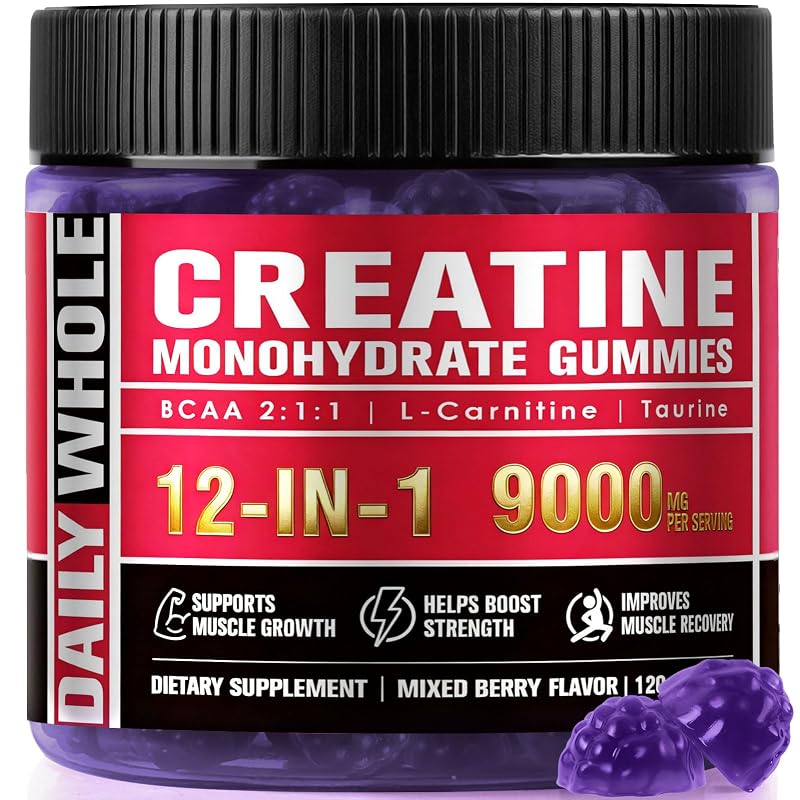 DailyWhole Organics Gomas de Creatina Monohidratada com Blend de 9000 mg, L-carnitina, vitamina B12 e BCAA 2:1:1, 120 gomas