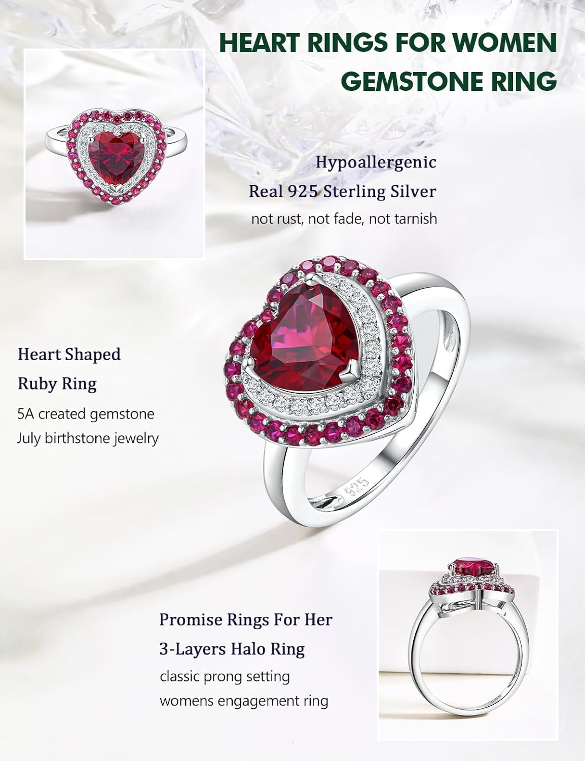 Heart Rings for Women 925 Sterling Silver Promise Ring 3-Layers Created Gemstone Wedding Engagement Rings for Women Size 6 to 10