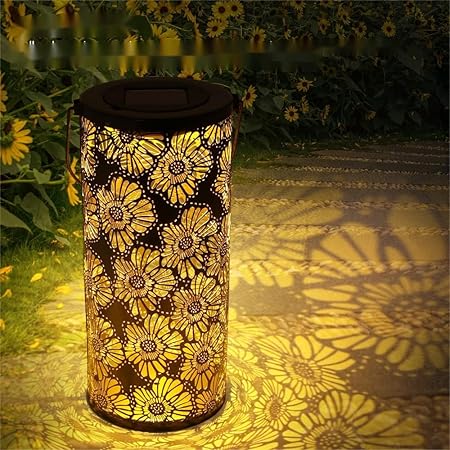 RIDEN Hollow Flower Projector Lamp Garden Decorative Lantern Waterproof Hanging Solar Powered LED Lamp for Balcony Terrace Garden Patio Yard