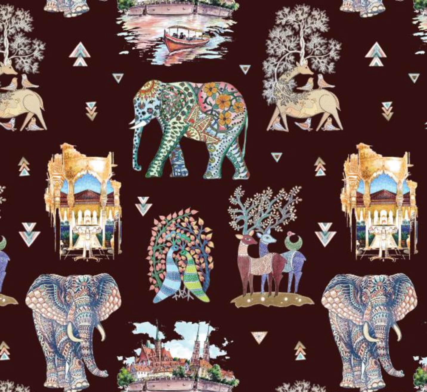 Bohemian Design with Animals Digitally Printed Velvet Finish Microfiber Fabric for Upholstery, Window Treatments, Craft - 54 inches Width - Fabric by The Yard (Mahogany)