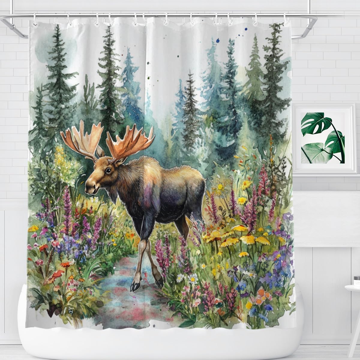 NGZ Moose Shower Curtain Colorful Shower Curtain for Spring Painting Print Bath Funny Curtains for Bathroom Home Decoration with 12 Hooks 72x72 Inch