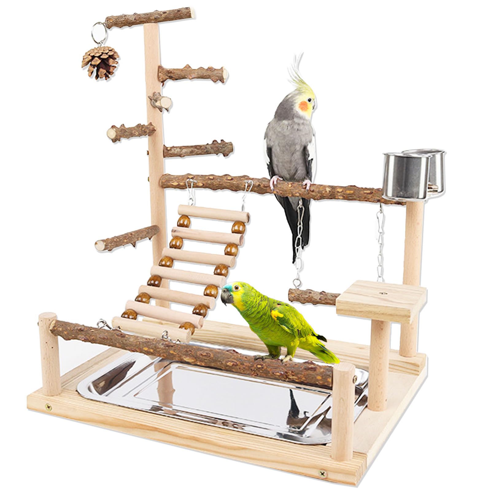 Honicemar Aves Juego Stand - Bird Playground Puesto de Madera para Loros Aves Stand con Percha Escalera Columpio Comedero Bandeja y Juguetes de Gimnasio de Ejercicios para Pájaros Pequeños y Medianos