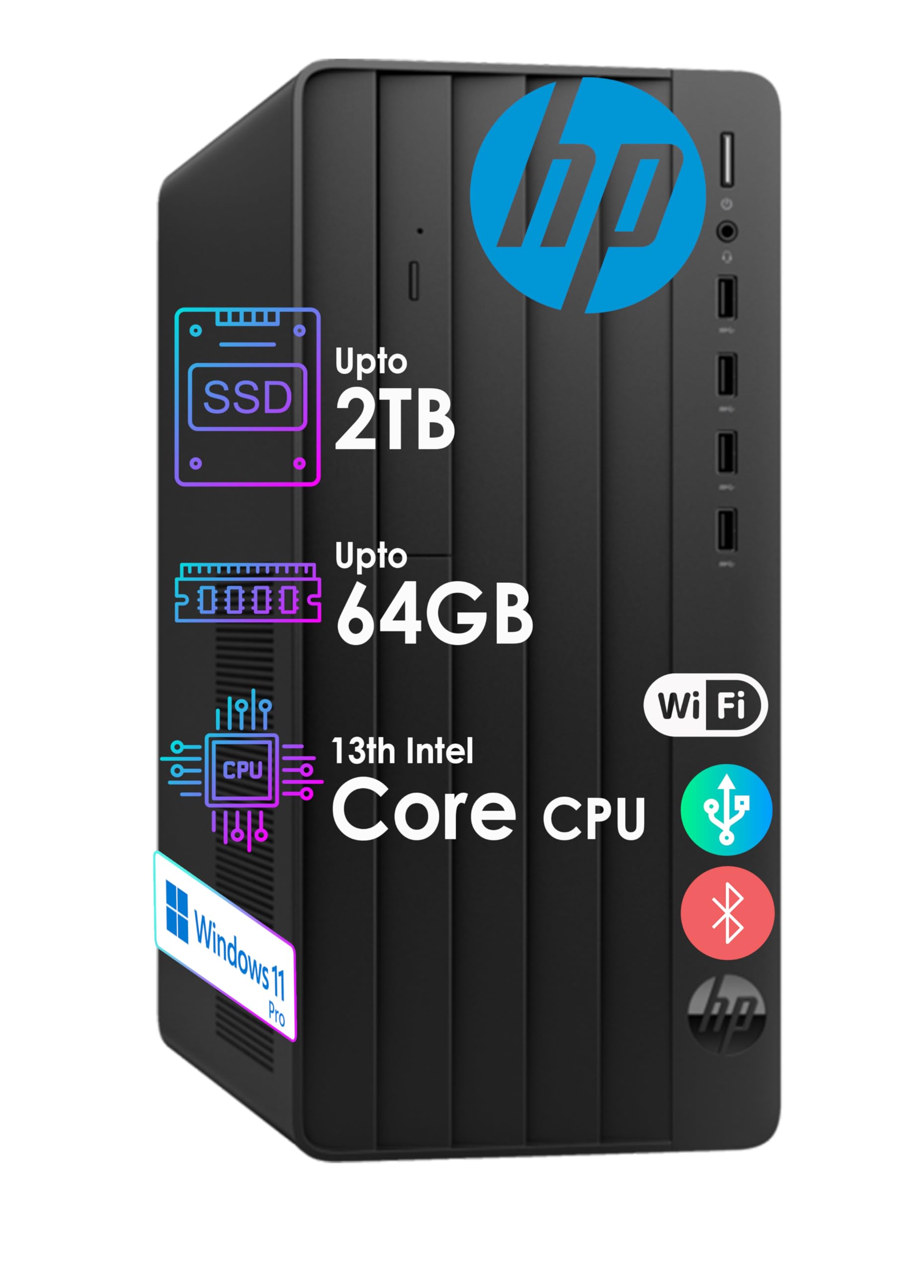 HP Desktop Tower Pro | 13th Intel Core Ultra-Fast CPU (Quad Cores, w/Turbo-Boost 4.5GHz) | 64GB RAM, 2TB Storage | Wi-Fi, Bluetooth | HDMI, USB, VGA, DVD-W, RJ-45| Keyboard & Mouse | Wins 11 Pro