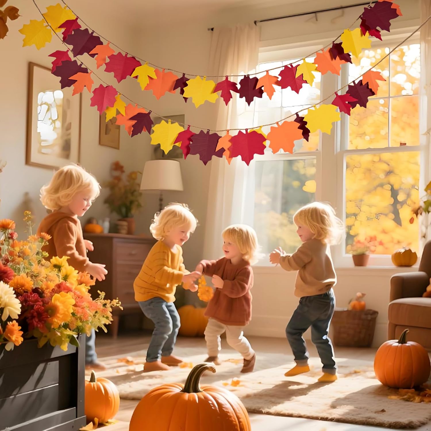 EASY JOY 2PCS Fall Paper Maple Leaves Garland, Fall Decorations for Home, Autumn Hanging Garland Decor Indoor Mantel Banner for Harvest Rustic Farmhouse Thanksgiving Decorations