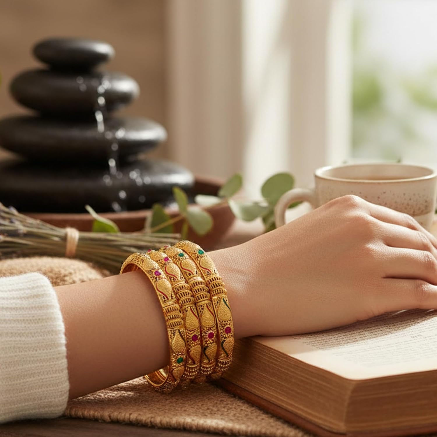 Touchstone Golden Bangle Collection Indian Bollywood Desire Beautifully Carved Conch Shell Inspired Thick Designer Jewelry Bangle Bracelets. Set of 4. in Gold Tone for Women - Image 4