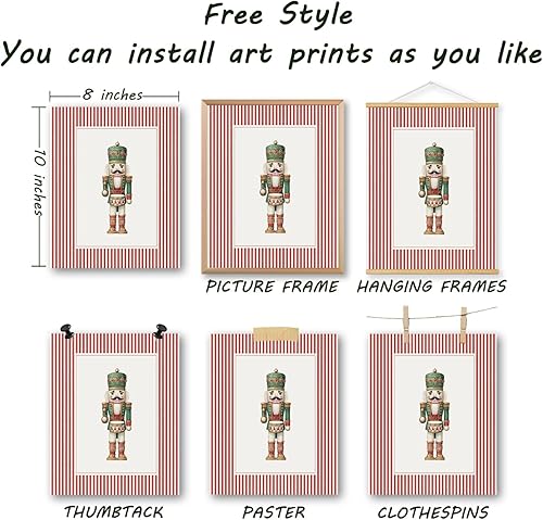 Miniatura 2 de XWELLDAN Juego de 3 cuadros retro con diseño de cascanueces y árbol de Navidad, diseño de rayas, 8 x 10 pulgadas, sin marco Navidad rojo y