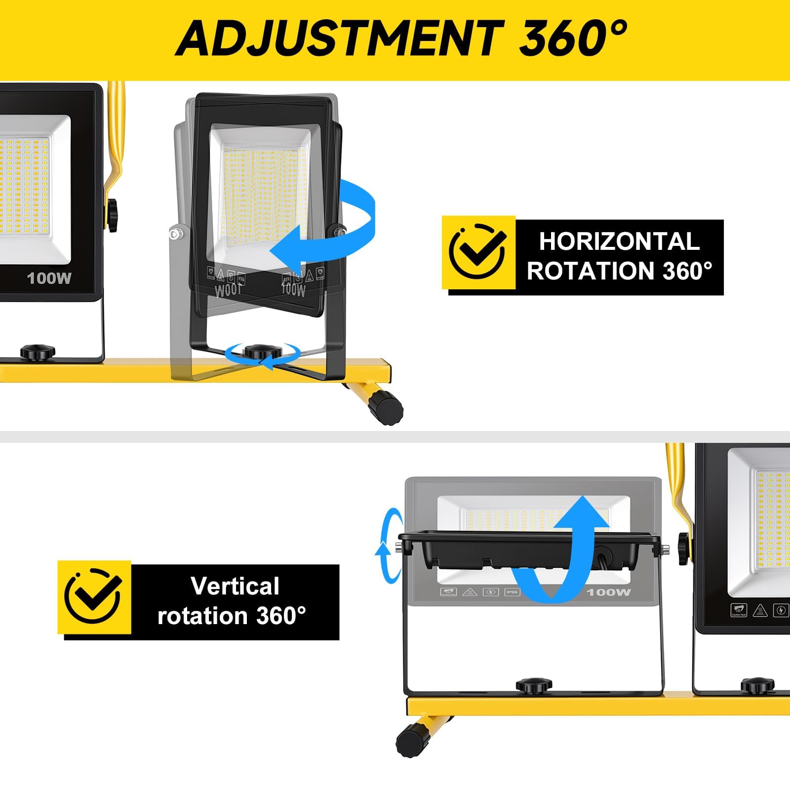 Baustrahler LED mit Stativ | LED Baustrahler 30000LM | 300W （ 3x 100W) Dreifarbig | IP66 Baustellenlampe mit 5 m Netzkabel | Höhenverstellbar 160cm