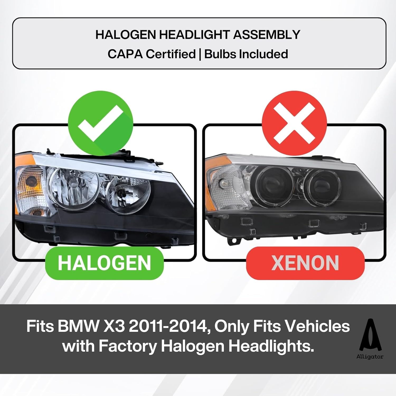 Headlamp Compatible with BMW X3 2011 2012 2013 2014 Headlight Assembly, Bulbs Included, CAPA Certified, Halogen Type, Right/Passenger Side, BM2503170C / 63 11 7 222 026