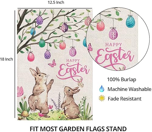 Miniatura 6 de Bandera de jardín de conejo de Pascua feliz para exteriores, de 12 x 18 pulgadas, doble cara, bandera de jardín pequeña de conejo, decoración de
